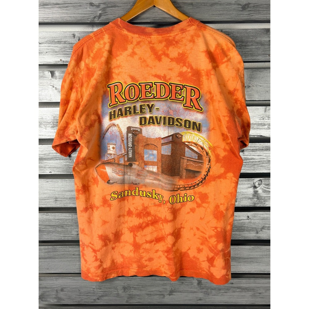 Vintage 2004 Harley Davidson Roeder Sandusky Ohio Tie Dye Orange T Shirt Mens M